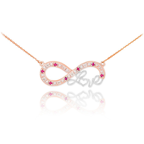 14k Two-Tone Rose Gold Ruby Infinity "Love" Script Necklace with Diamonds