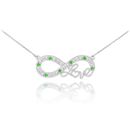 14k White Gold Emerald Infinity "Love" Script Necklace with Diamonds