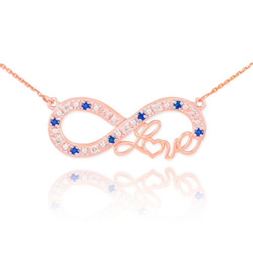 14k Rose Gold Sapphire Infinity "Love" Script Necklace with Diamonds