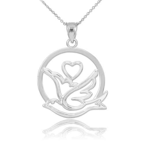 White Gold Dove with Heart Pendant Necklace