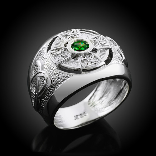 Sterling Silver Celtic Men's CZ Ring with Emerald