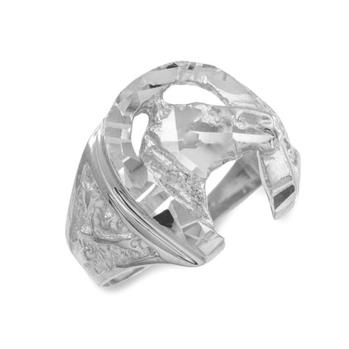 White Gold Horse Head with Horseshoe Diamond Cut Ring