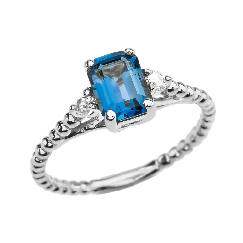 1.5 Carat London Blue Topaz Solitaire White Gold Beaded Ring With White Topaz Sidestones