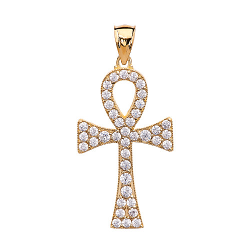 1.5 Carat Cubic Zirconia Yellow Gold Ankh Cross Pendant Necklace