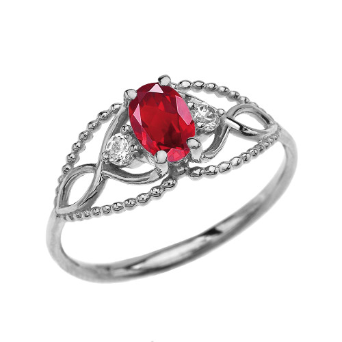 Elegant Beaded Solitaire Ring With Ruby Centerstone and White Topaz in White Gold