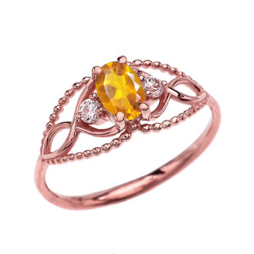 Elegant Beaded Solitaire Ring With Citrine Centerstone and White Topaz in Rose Gold