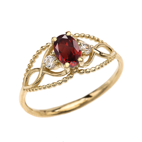 Elegant Beaded Solitaire Ring With Garnet Centerstone and White Topaz in Yellow Gold