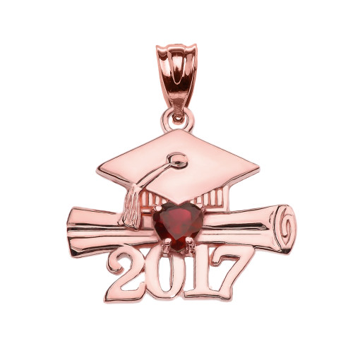 Rose Gold Heart January Birthstone Garnet CZ Class of 2017 Graduation Pendant Necklace