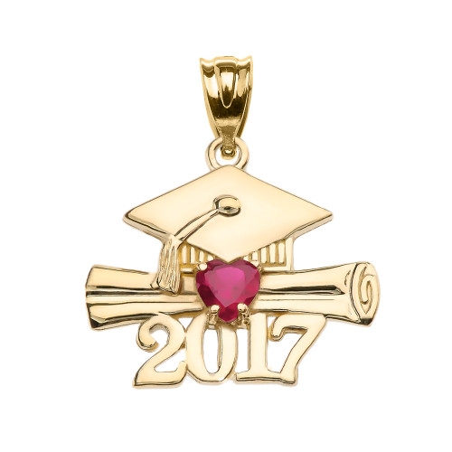 Yellow Gold Heart July Birthstone Red CZ Class of 2017 Graduation Pendant Necklace