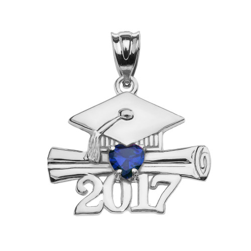 Sterling Silver Heart September Birthstone Blue CZ Class of 2017 Graduation Pendant Necklace