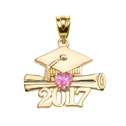 Yellow Gold Heart October Birthstone Pink CZ Class of 2017 Graduation Pendant Necklace