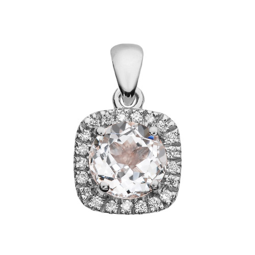 Halo Diamond and White Topaz Dainty White Gold Pendant Necklace