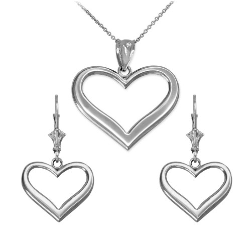 14K White Gold Polished Open Heart Necklace Earring Set