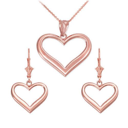 14K Rose Gold Polished Open Heart Necklace Earring Set