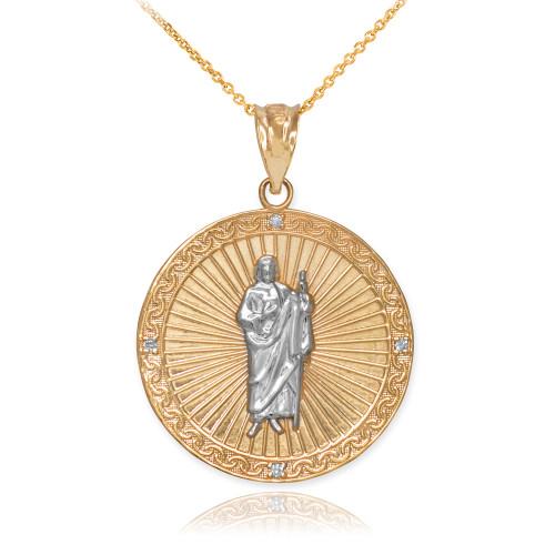 Yellow and White Gold St Jude Diamond Medal Pendant Necklace