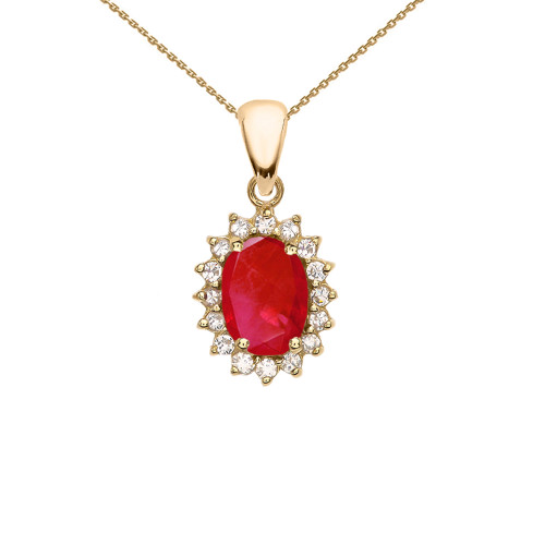 Diamond And July Birthstone Ruby Yellow Gold Elegant Pendant Necklace