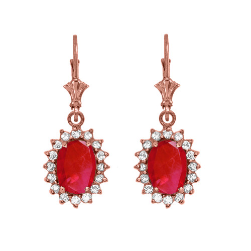 Diamond And July Birthstone Ruby Rose Gold Dangling Earrings