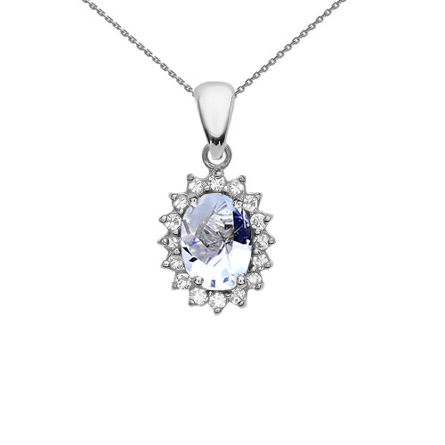 Diamond And March Birthstone Aquamarine White Gold Elegant Pendant Necklace