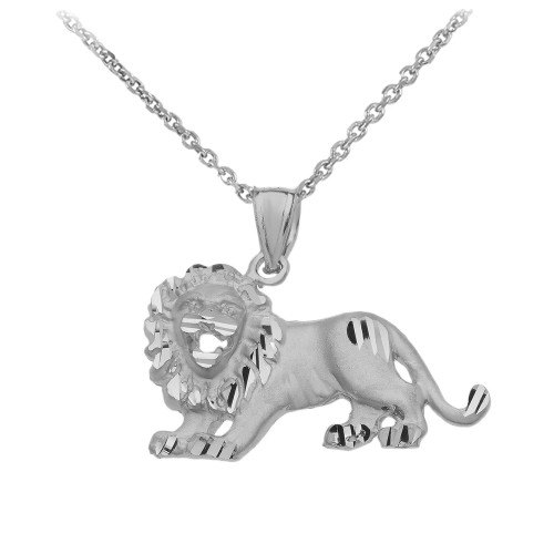 Satin Finish Diamond Cut White Gold Roaring Lion Charm Pendant Necklace