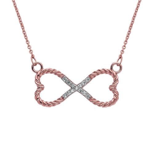 Diamond Double Heart Infinity Rope Rose Gold Necklace