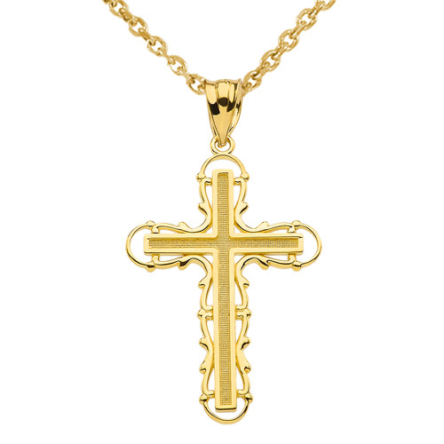 Yellow Gold Filigree Dainty Cross Pendant Necklace