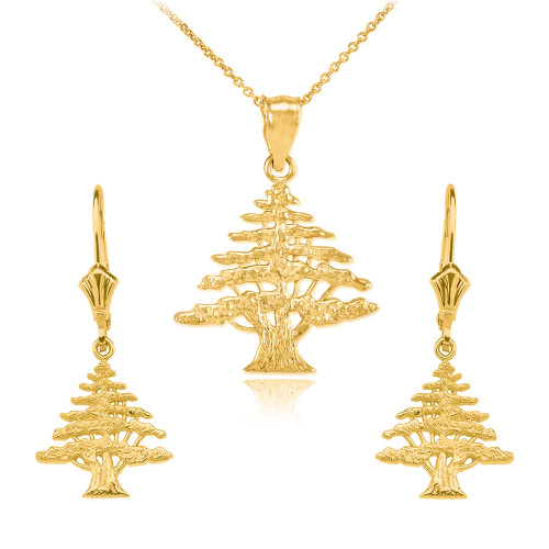 14K Yellow Gold Lebanese Cedar Tree  Necklace Earring Set
