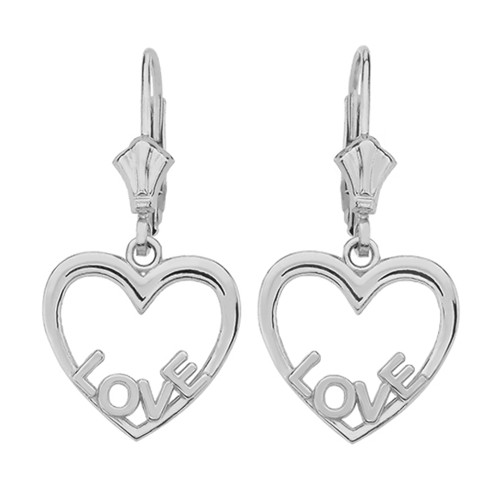 14K  White Gold Love Heart  Earrings