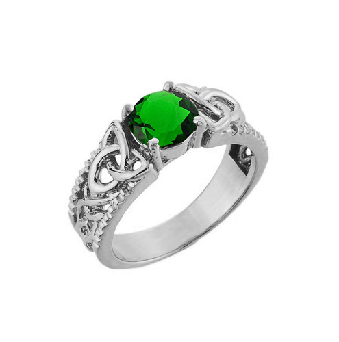 White Gold Celtic Knot (LCE) Emerald Gemstone Ring