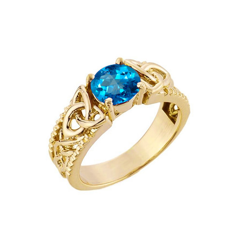 Yellow Gold Celtic Knot Blue Topaz Gemstone Ring