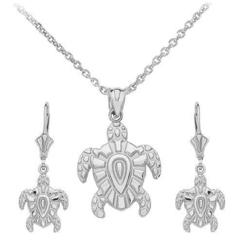 14K White Gold Tribal Hawaiian Turtle Necklace Earring Set