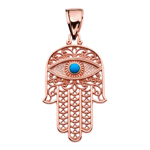 Turquoise Evil Eye Hamsa Hand Rose Gold Pendant Necklace