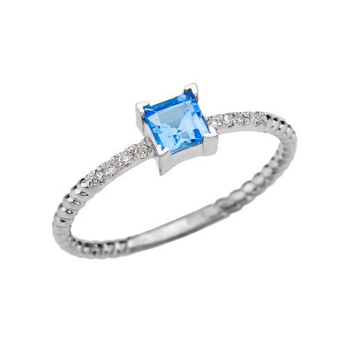 Dainty White Gold Solitaire Princess Cut Blue Topaz and Diamond Rope Design Engagement/Promise Ring