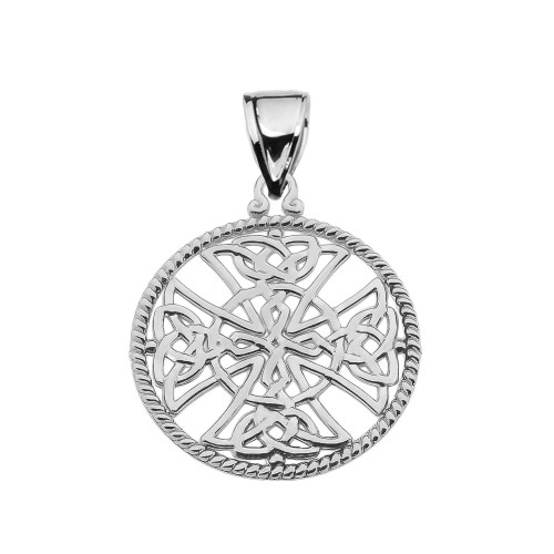 Sterling Silver Trinity Knot Celtic Cross In A Round Rope Frame Pendant Necklace