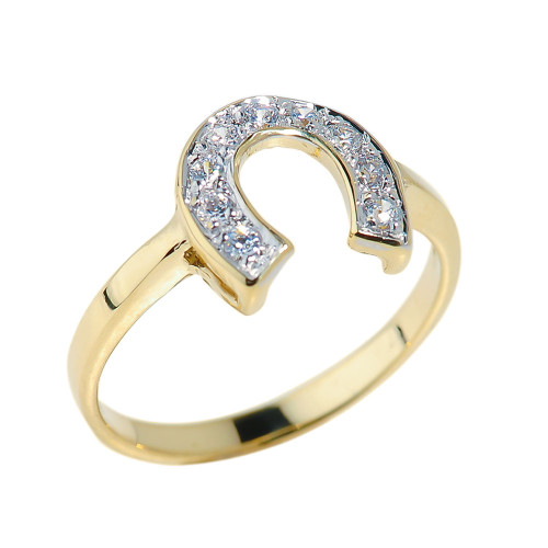 Yellow Gold CZ Studded Horseshoe Ladies Ring