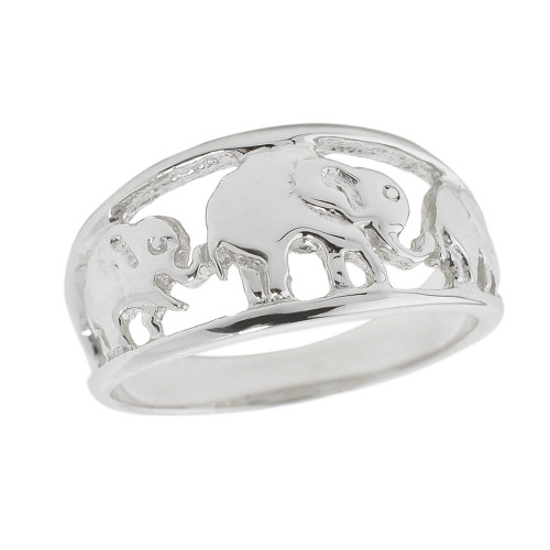 Solid White Gold Openwork Three Elephant Ring