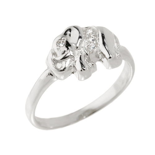 Solid White Gold CZ Studded Elephant Ring