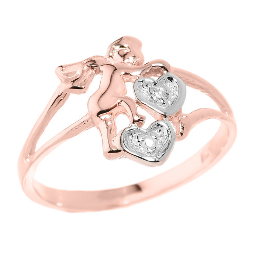 Rose Gold Angel with Diamond and Hearts Ladies Ring