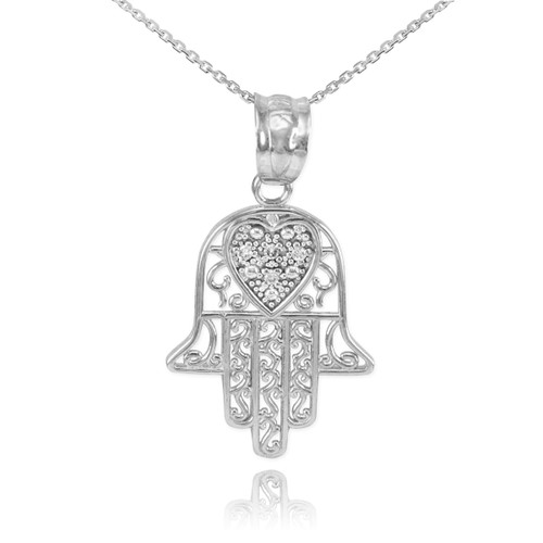 White Gold Diamond Filigree Hamsa Pendant Necklace