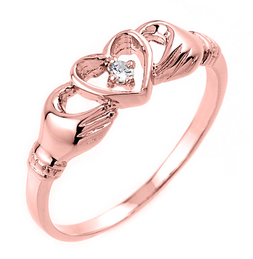 Gold Claddagh Ring - Rose Gold Claddagh Ring with Diamond