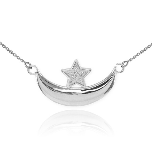 Sterling Silver CZ Crescent Moon and Star Islamic Necklace