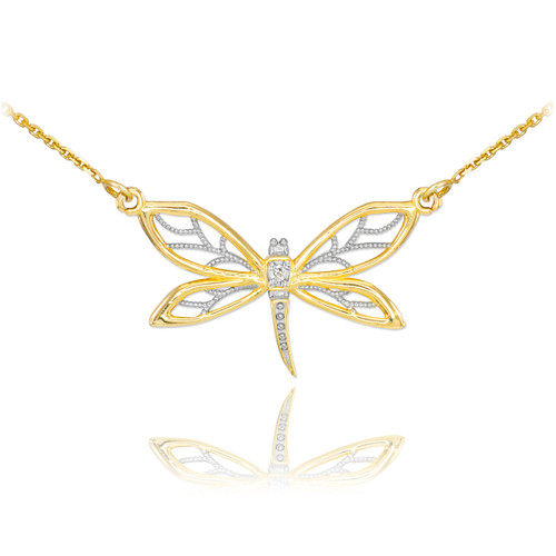 14k Gold Diamond Dragonfly Filigree Necklace