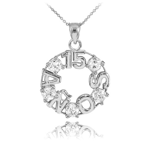 14K White Gold 15 Años CZ Pendant Necklace