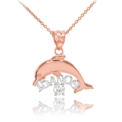 14K Two Tone Rose Gold 15 Años Dolphin CZ Pendant Necklace
