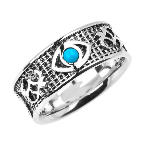 Genuine Turquoise Good Luck Evil Eye Silver Ring with Om Symbols on Sides
