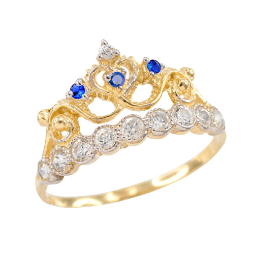 Blue CZ Gold Crown Ring
