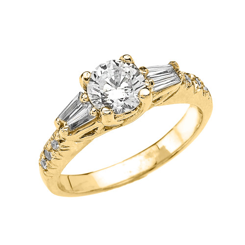 Yellow Gold French Cut Pave CZ Engagement Ring with Tapered Baguettes