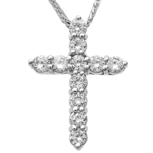 14k White Gold Round Diamond Cross Necklace