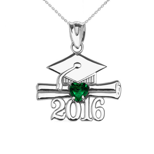 Sterling Silver Heart May Birthstone Green Cz Class of 2016 Graduation Pendant Necklace
