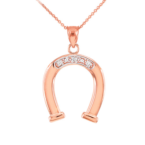 Rose Gold Lucky Horseshoe Pendant Necklace with Diamonds
