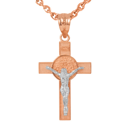 Two Tone Rose Gold and White Gold St. Benedict Crucifix Pendant Necklace (1.60")